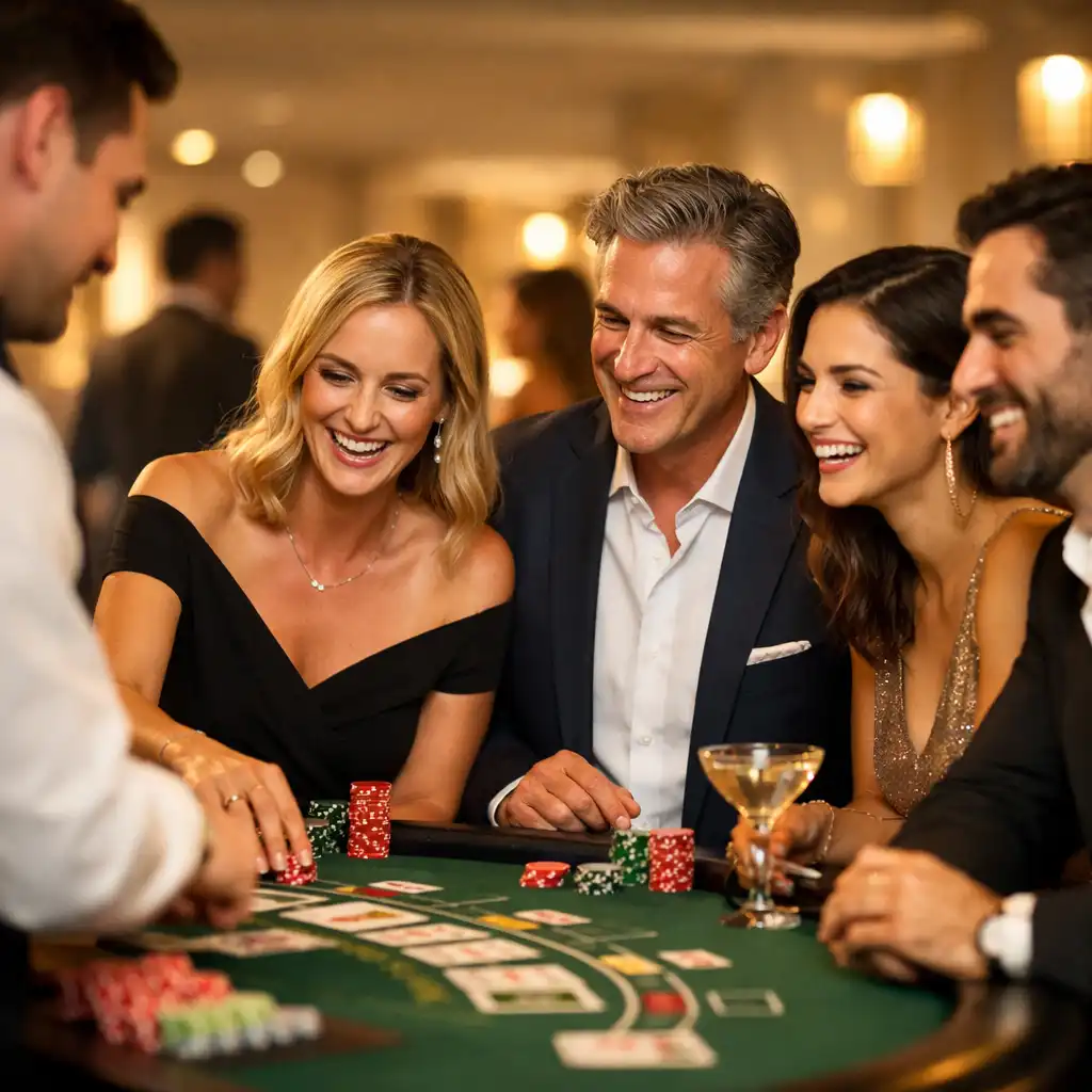 Goście bawiący się przy stole blackjack podczas eleganckiego wydarzenia