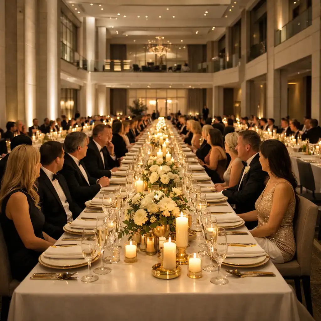 Elegancka gala firmowa z długimi stołami